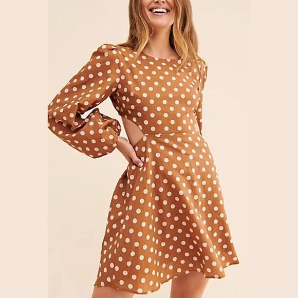 Anthropologie Charlie Holiday Halcyon Mini Dress | Brown w/Cream Polkadots - Picture 2 of 8